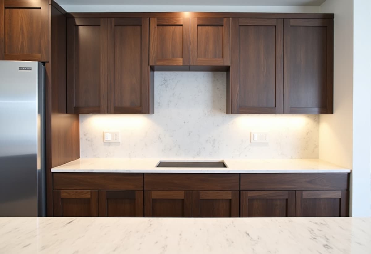 A beautifully designed custom kitchen with white cabinets, dark countertops, and a large island, showcasing exceptional craftsmanship.