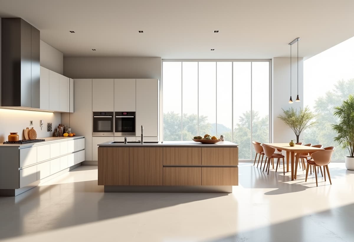 Modern kitchen with wooden island and white cabinets, showcasing a whole home renovation
