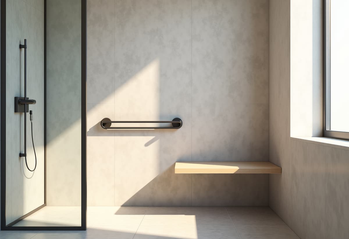 senior safe bathroom design with grab bars and accessible shower