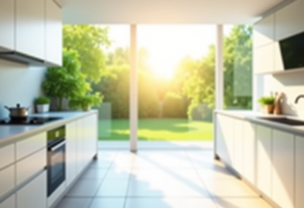 modern kitchen interior with large window and natural light