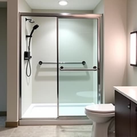 An accessible bathroom within a mother-in-law suite in Canyon Lake, Texas, featuring a wheelchair-friendly roll-in shower, grab bars, and a comfort-height toilet. The design combines safety with modern aesthetics, providing a functional yet stylish space.