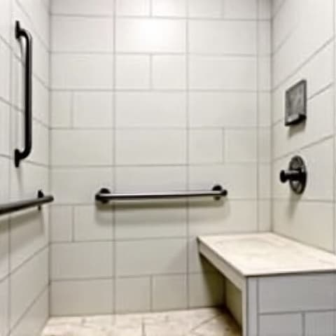 A newly installed, accessible walk-in shower in a Timberwood Park home, featuring grab bars, a bench seat, and a low-threshold entry for enhanced safety and convenience.