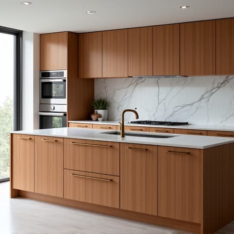Bespoke solid oak cabinetry in a San Antonio home kitchen, designed with a classic, elegant aesthetic and thoughtful storage solutions. High-quality wooden cabinets with glass inserts and dark hardware, providing a timeless look.