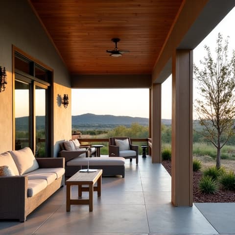 Expansive porch extension on a Bulverde, TX home, designed for outdoor living and showcasing stunning Hill Country views and custom architectural details.