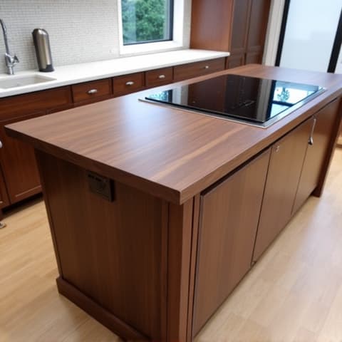 Custom walnut kitchen island in a Timberwood Park home, featuring integrated stovetop and ample storage. This custom cabinetry project showcases fine woodworking and modern design. Spacious kitchen island with dark wood tones, ideal for entertaining.