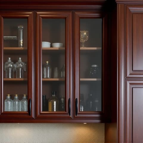 Luxurious espresso cherry cabinets with a high-gloss finish in a Stone Oak kitchen. This custom design offers deep storage and a rich, sophisticated aesthetic with modern lighting accents.