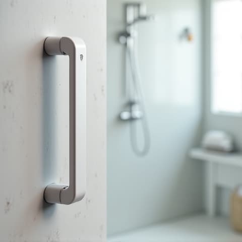 Grab Bar Installation in New Braunfels: Stylish and sturdy grab bars strategically placed near the toilet and in the shower, blending seamlessly with the bathroom decor while providing essential safety for seniors.