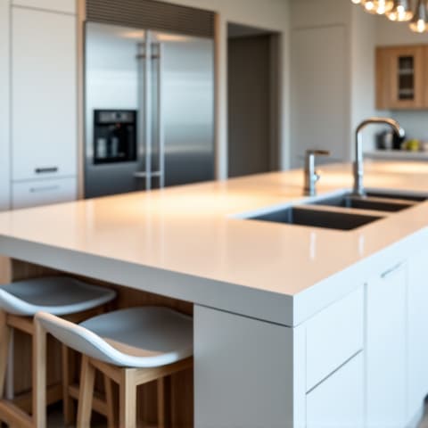 Marion Kitchen Remodel with White Cabinets and Island. A beautifully renovated kitchen in Marion, TX featuring new white custom cabinetry, a large island with seating, and modern lighting, enhancing both aesthetics and functionality for a Guadalupe County home.