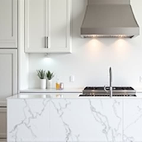 Contemporary kitchen featuring newly installed gray quartz countertops, blending seamlessly with the modern design. Modern gray quartz countertop, kitchen remodeling project, durable and stylish surface.