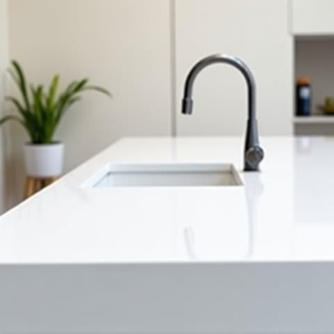 Sleek white quartz kitchen countertop with modern sink and faucet, perfect for maintenance in San Antonio kitchens. This image shows a pristine kitchen environment highlighting the elegance and durability of quartz surfaces, ready for daily use and easy cleaning.