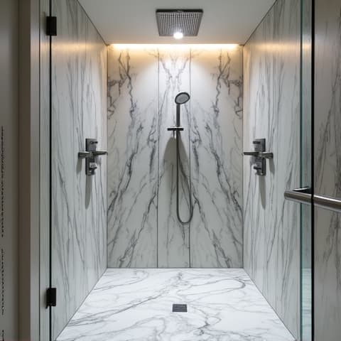 Contemporary bathroom renovation in Shavano Park, San Antonio, showcasing a modern double vanity with ample storage and sleek fixtures.