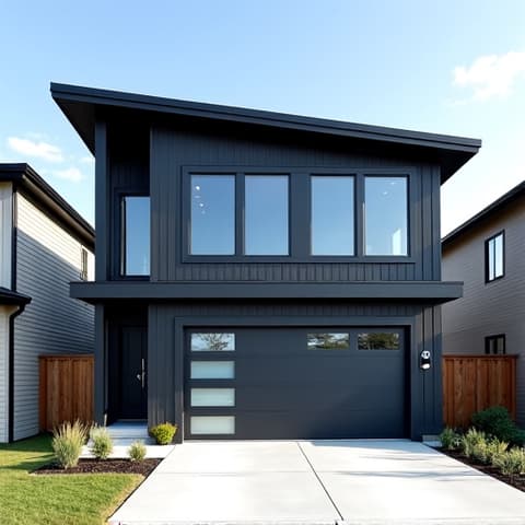 Two-Story Detached Studio After. A renovated two-story detached garage now serving as a modern studio, showcasing new siding, windows, and an added second floor.