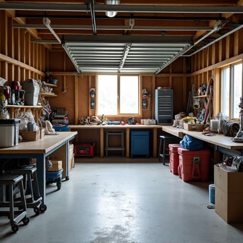 Garage to Home Office Conversion Before. An interior shot of a messy garage filled with tools and storage items, prior to its transformation into a functional home office.