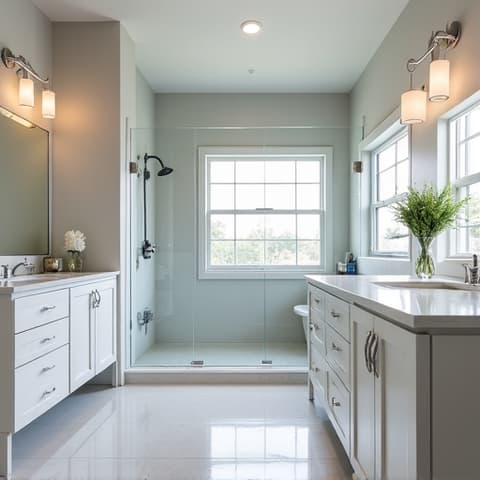 San Antonio Master Bathroom with Walk-in Shower and Glass Enclosure. A modern master bathroom in San Antonio boasting a large walk-in shower with a frameless glass enclosure, promoting an open and bright aesthetic, and high-quality finishes.