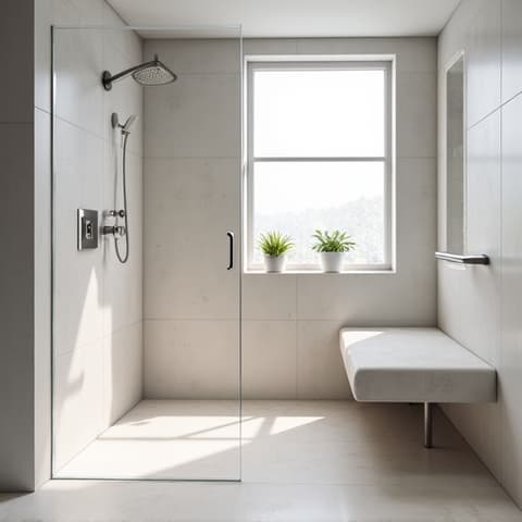 Curbless Shower in Timberwood Park: Features an accessible curbless shower with a built-in bench and grab bars, designed for easy entry and exit, providing safety and modern aesthetics in a senior-friendly bathroom renovation.