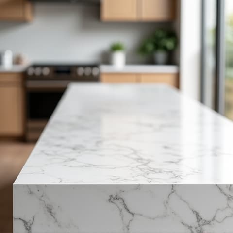 Custom Quartz Island in Timberwood Park Kitchen Remodel. A stylish kitchen featuring a large custom quartz island, elegant pendant lighting, and modern cabinetry, showcasing a high-end Timberwood Park home renovation.