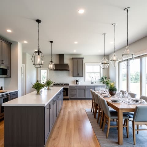 Open Concept Kitchen and Dining Area in Timberwood Park. A fluid, open-plan kitchen and dining space with bright natural light, contemporary design elements, and seamless flow for modern living in Timberwood Park.