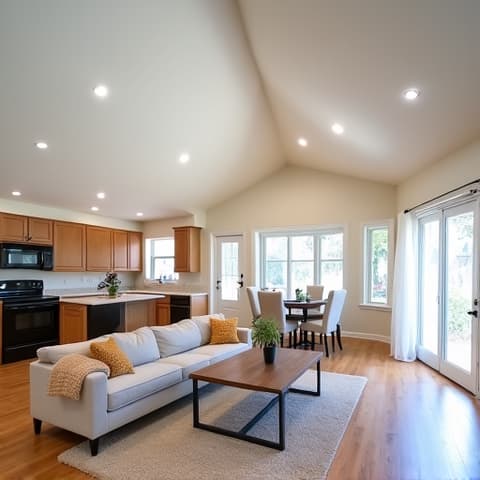 Vaulted ceiling upgrade in a 1970s ranch living room, featuring exposed wooden beams and enhanced natural light through new windows. This renovation highlights how structural modifications can dramatically increase the sense of space and openness in an older home, creating a more contemporary and inviting atmosphere. Ideal for San Antonio homes looking to maximize vertical space.