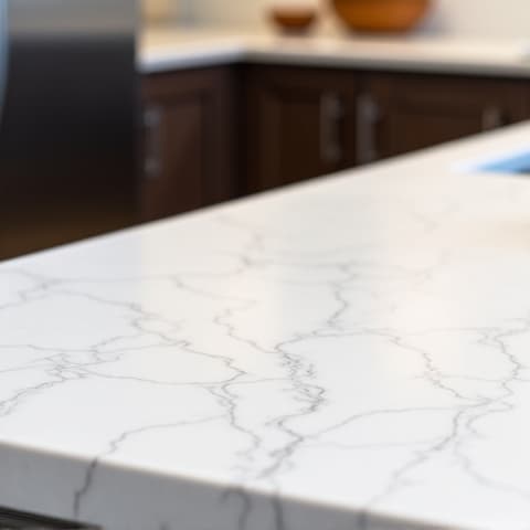 Classic white granite countertops paired with dark cabinetry, recently installed in a San Antonio home providing a timeless look. White granite countertop, kitchen renovation, contrast kitchen design.