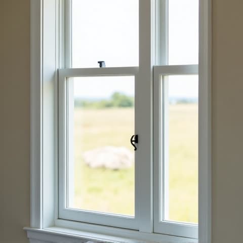 Windcrest bedroom featuring dual-sash double hung windows. A cozy bedroom in a Windcrest residence, equipped with advanced dual-sash double-hung windows that provide versatile ventilation options and a peaceful, insulated environment, perfect for comfort and style.