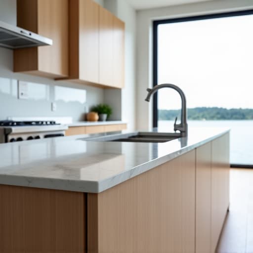 modern kitchen with granite countertops and lake view
