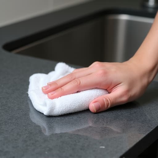 Close-up of a microfiber cloth drying a quartz countertop, highlighting streak-free finish.