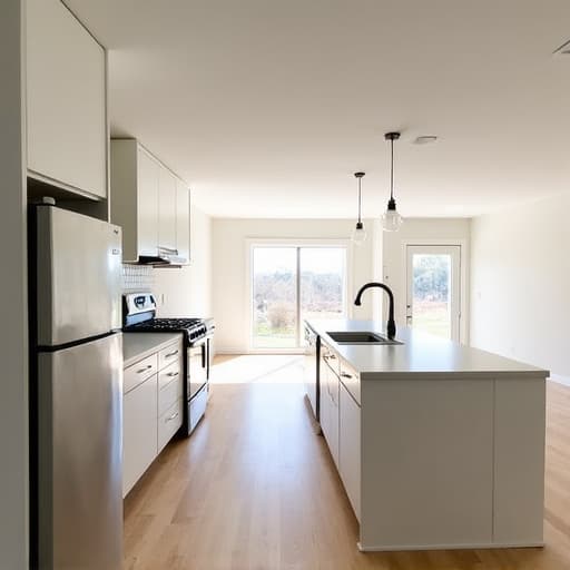 Seamlessly designed custom kitchen with natural wood cabinetry and a large island, enhancing the open-concept feel